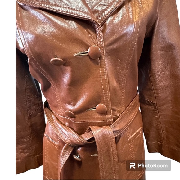 Vintage double breasted, long Mr & Mrs Leather 1970’s cognac leather coat - Picture 10 of 15